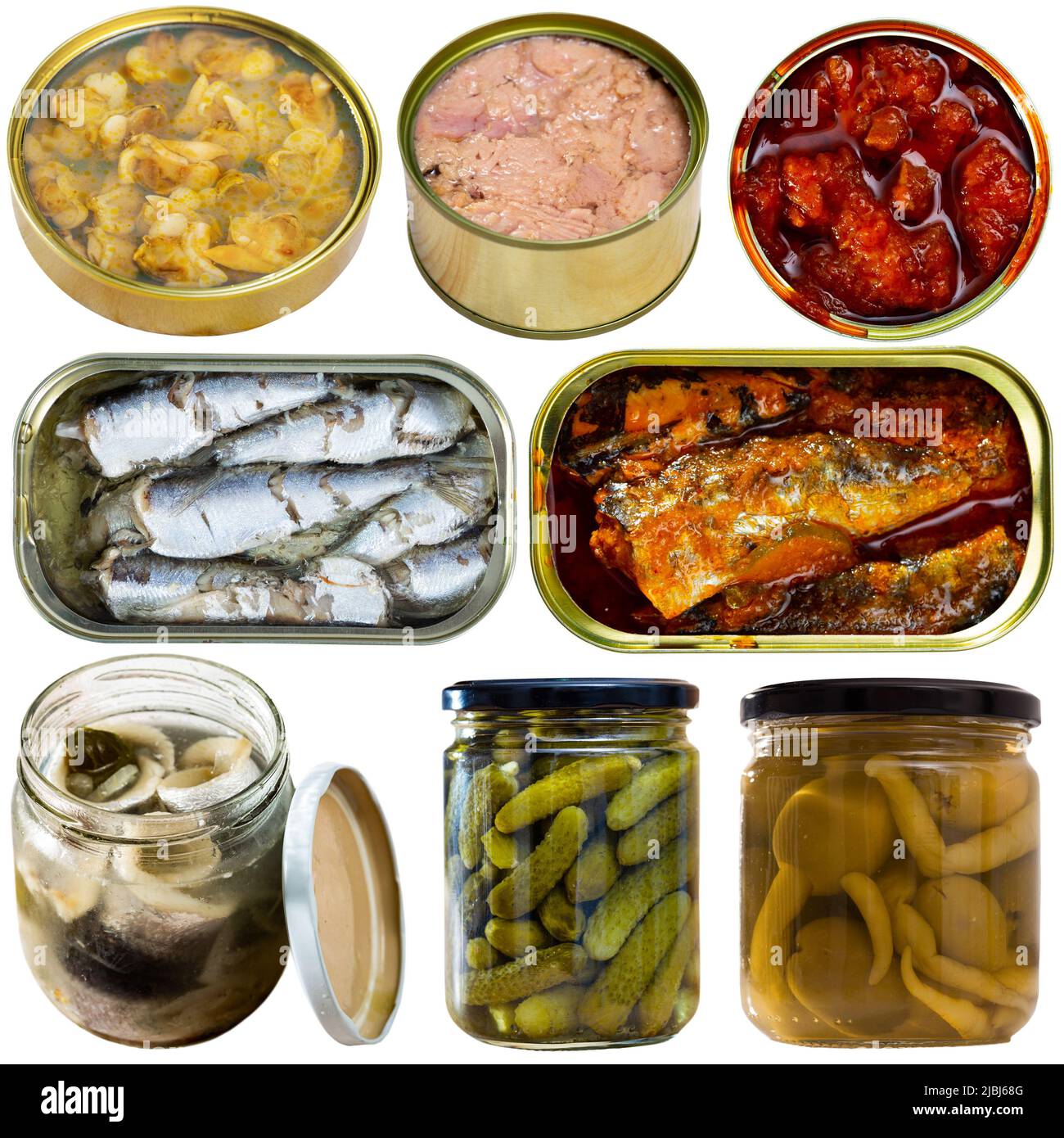 Collection of canned goods isolated on white Stock Photo Alamy