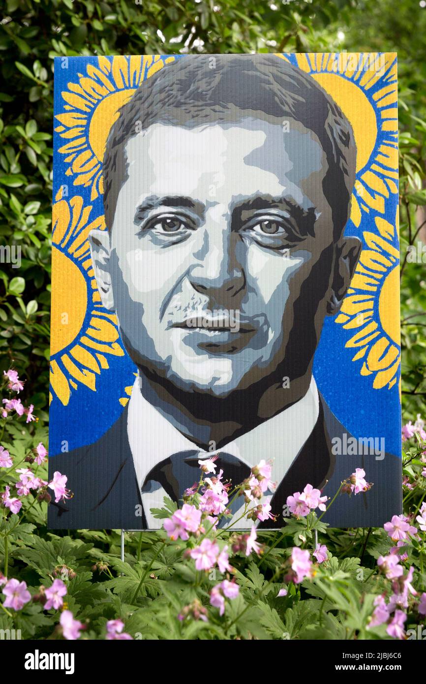 Colorful neighborhood yard sign in support and defense of Ukraine and Ukrainian President Volodymyr Zelenskyy in Minneapolis, Minnesota, USA Stock Photo