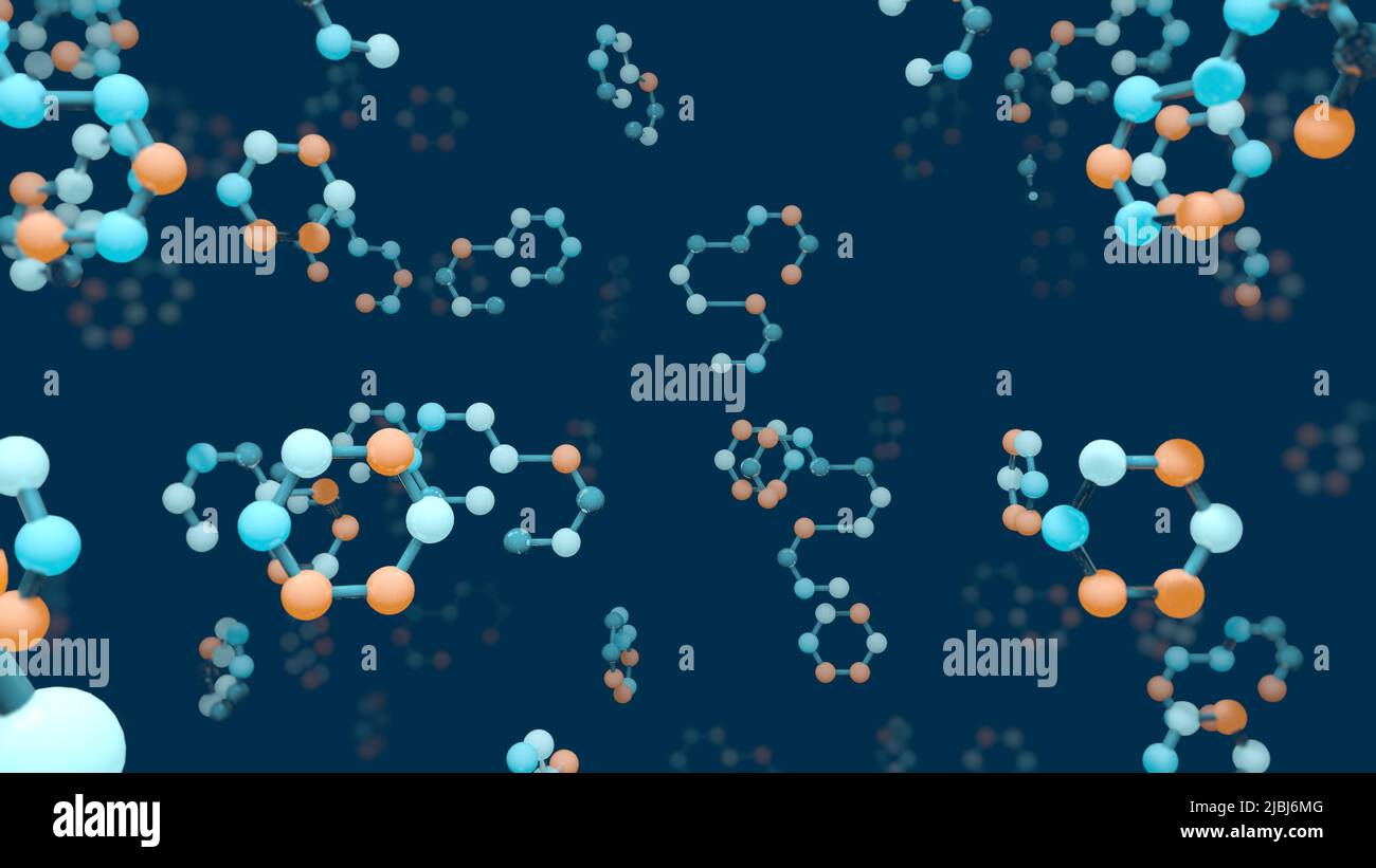 Group of molecules with a hexagon structure with blue and orange colored spheres floating randomly on a dark blue background. 3d Illustration Stock Photo