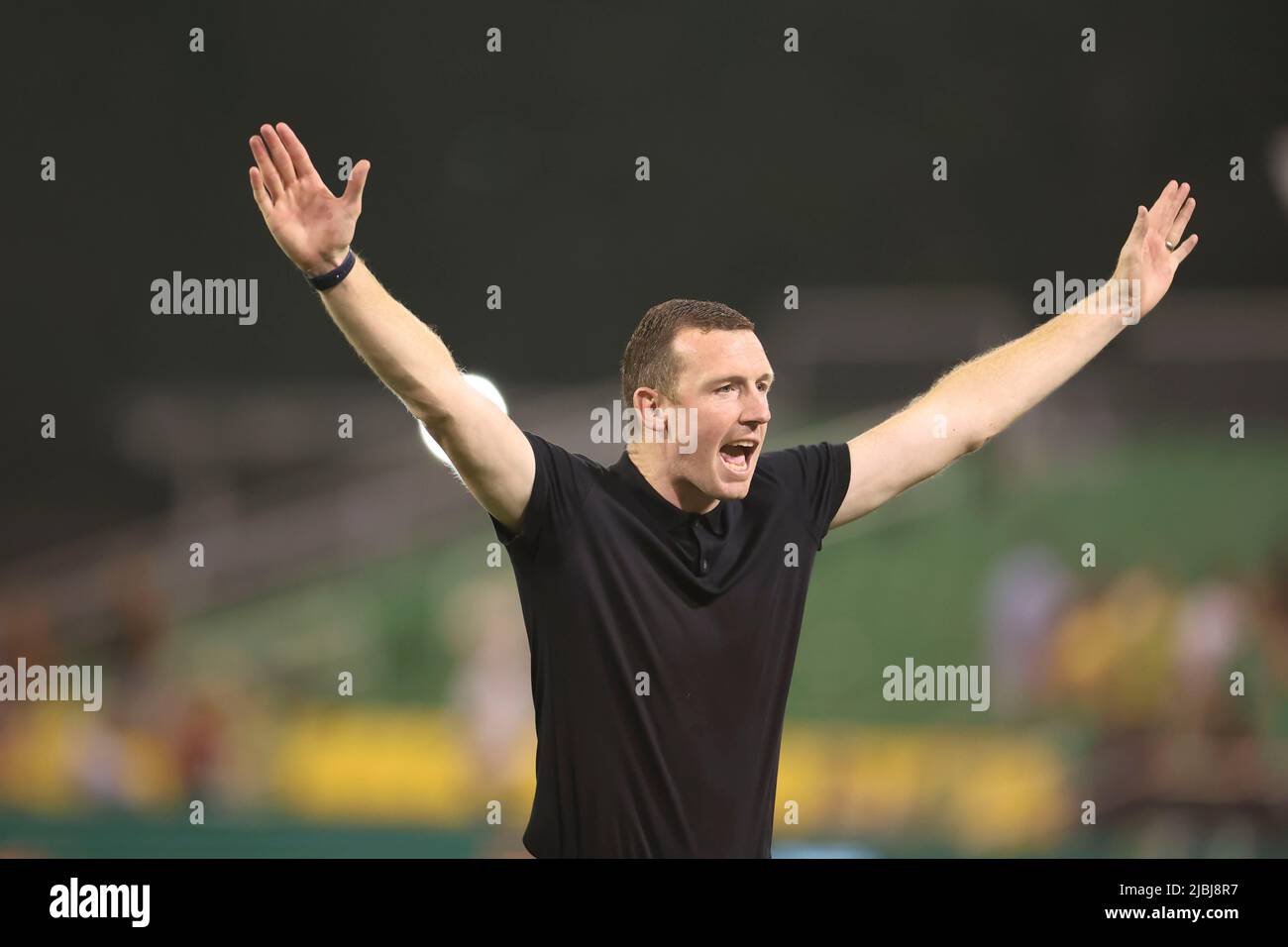 St. Petersburg, FL: Tampa Bay Rowdies head coach Neal Collins was ecstatic abut the win after a USL soccer game, Sunday, June 5, 2022, at Al Lang Stad Stock Photo