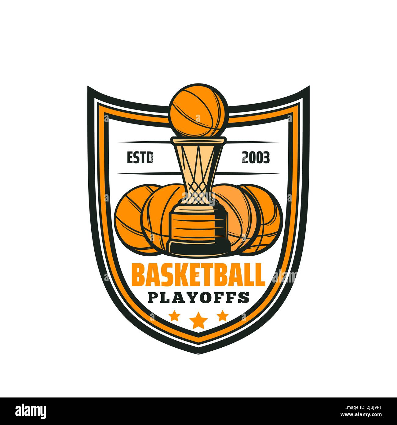 Basketball playoffs vector icon with sport balls, championship trophy or winner cup in shape of gold basket and ball. Isolated heraldic shield with basketball game equipment, sporting competition Stock Vector