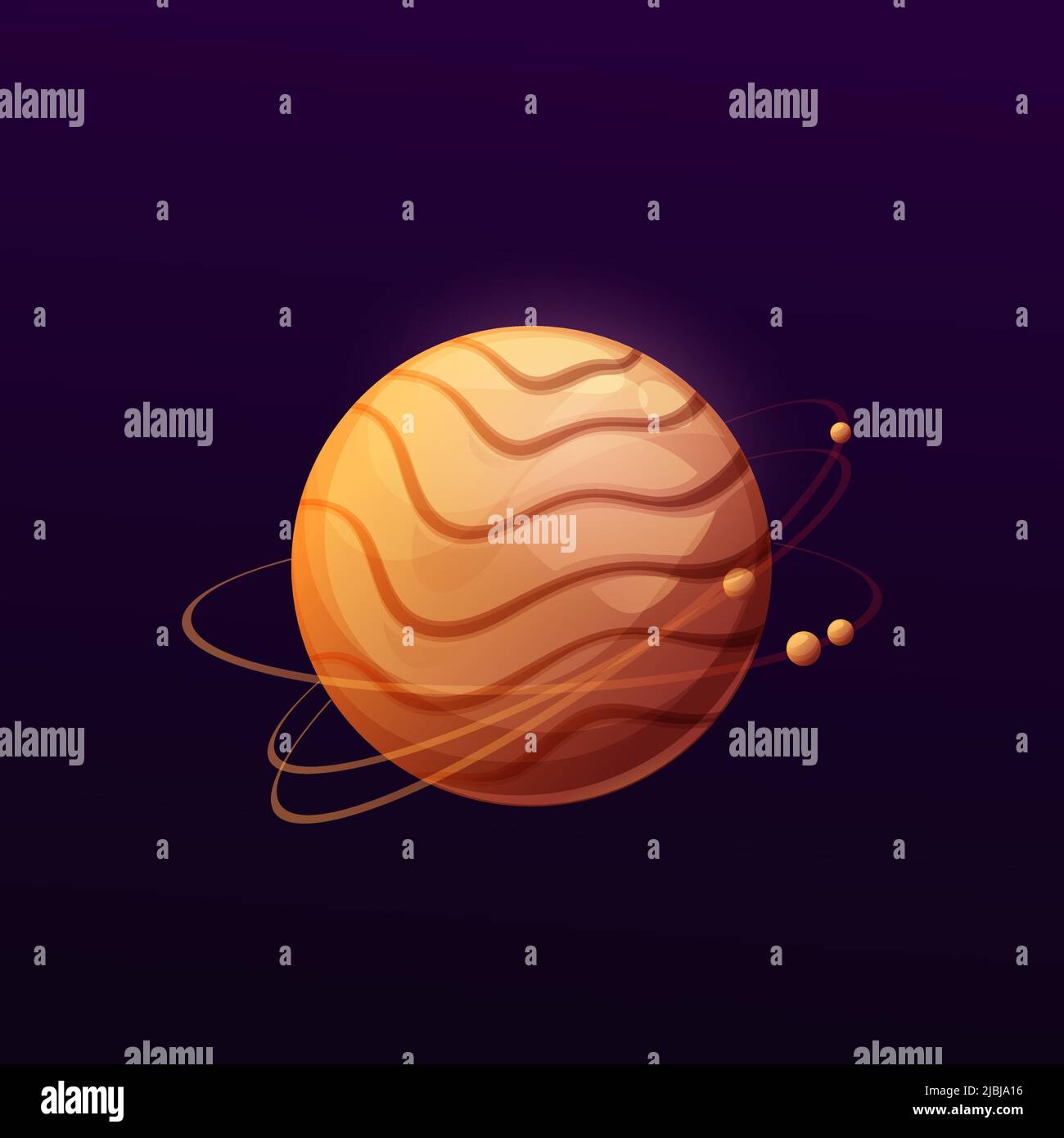 Cartoon striped brown space planet with rings. Vector galaxy globe with satellites flying around. Fantasy sphere in universe, Ui game object, isolated astronomical comic world in deep space Stock Vector