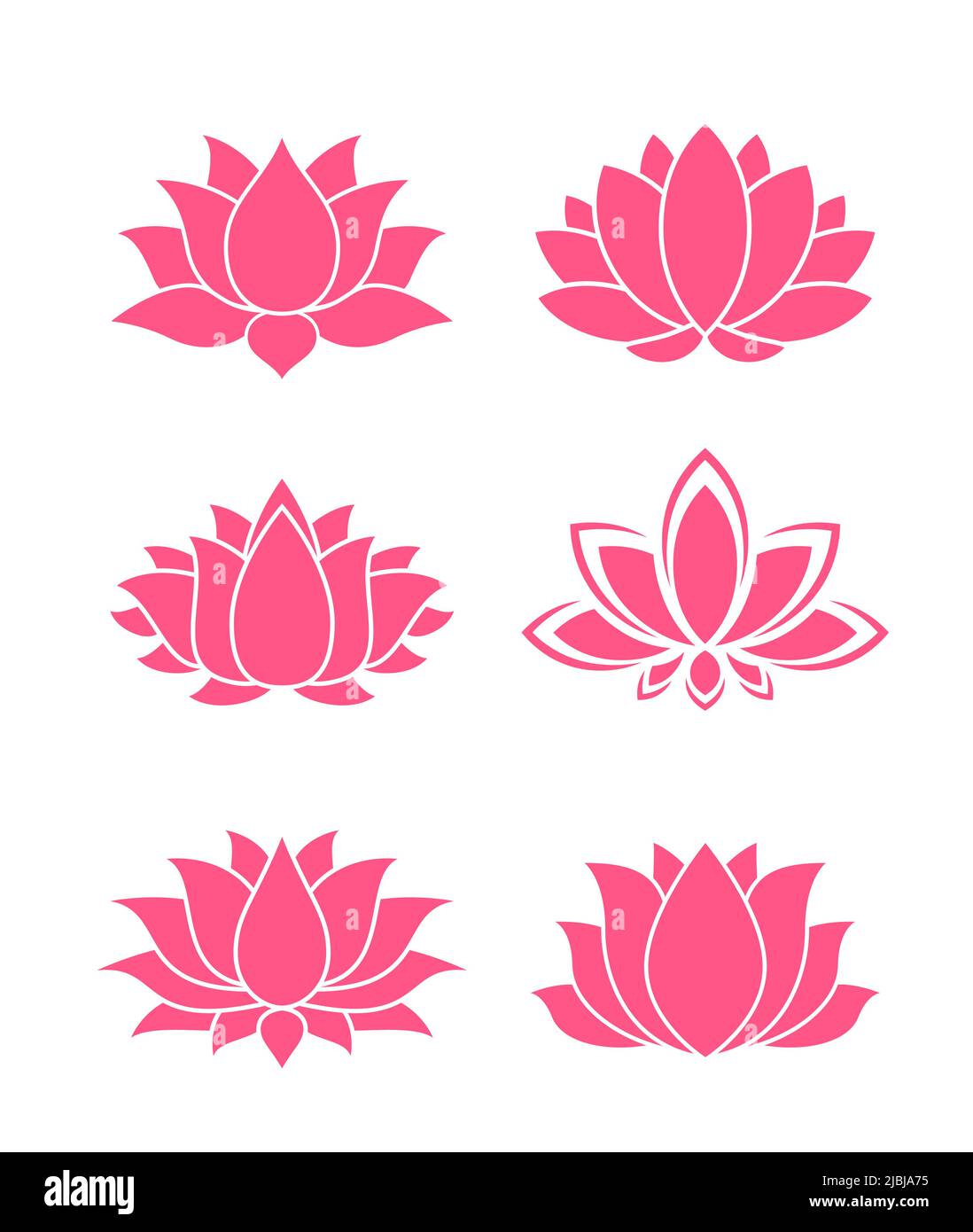 Pink lotus icons, flowers and floral blossoms. Yoga symbol in vector silhouette. Pink lotus petal buds for Asian spa or oriental ornaments decorations, religion and tattoo, Ayurveda and Zen meditation Stock Vector