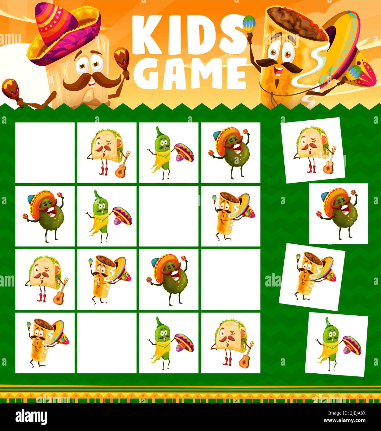 Cartoon funny mexican food characters, sudoku kids game. Vector