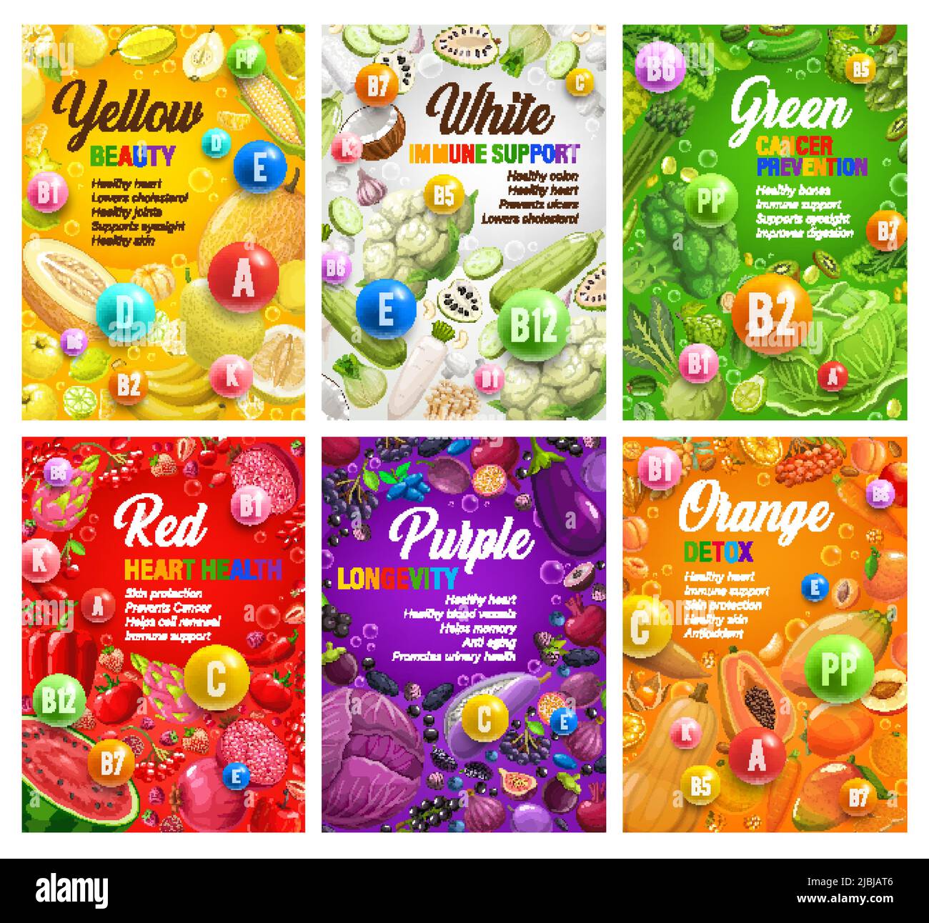 Color rainbow diet posters. Organic nutrition and multivitamins. Vector
