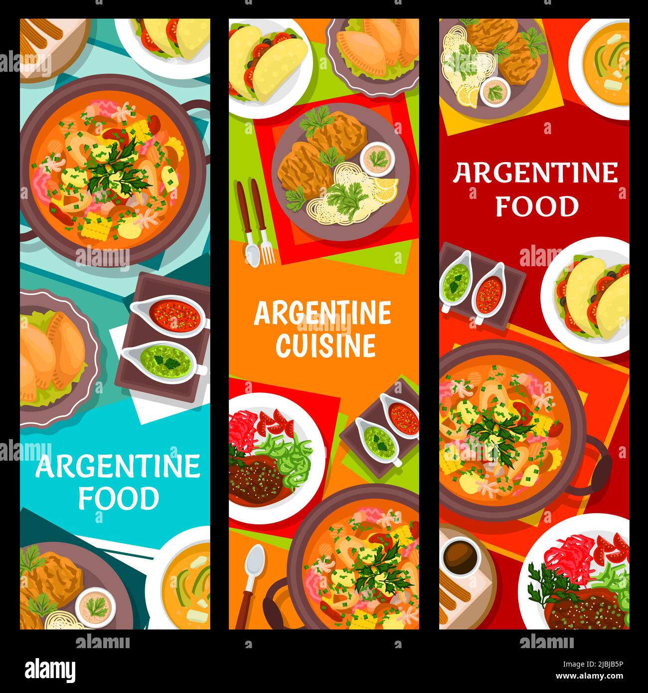 Argentine cuisine meals vertical banners. Meat pie Empanadas, veal