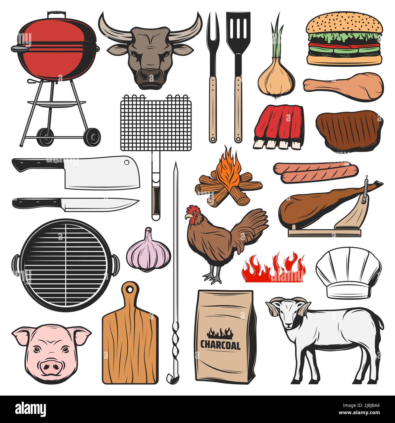 Barbecue icons, grill meat food and picnic burgers, vector BBQ items