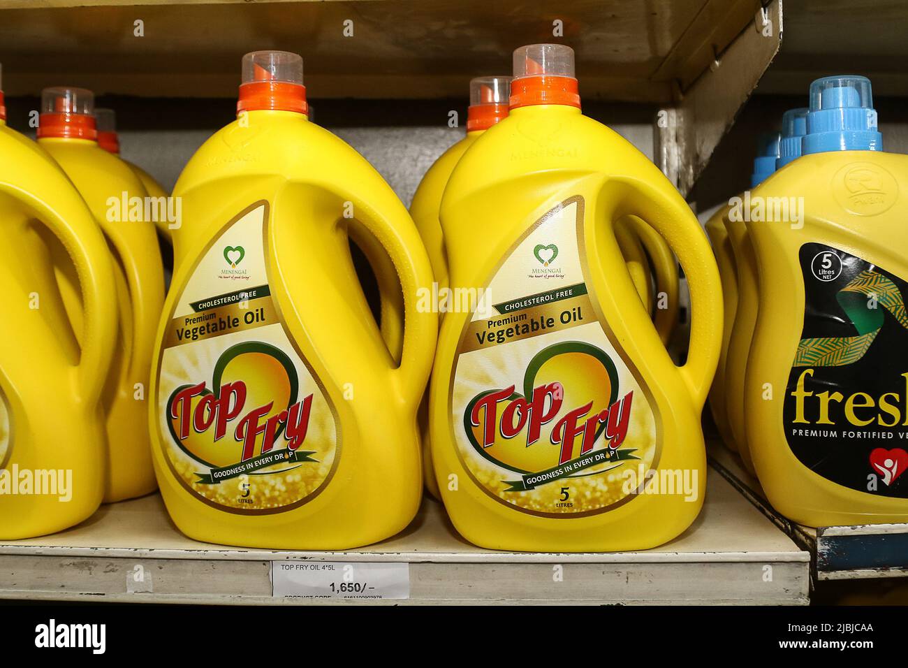 Nakuru, Kenya. 06th June, 2022. Plastic bottles of vegetable oil seen on a shelf at a local