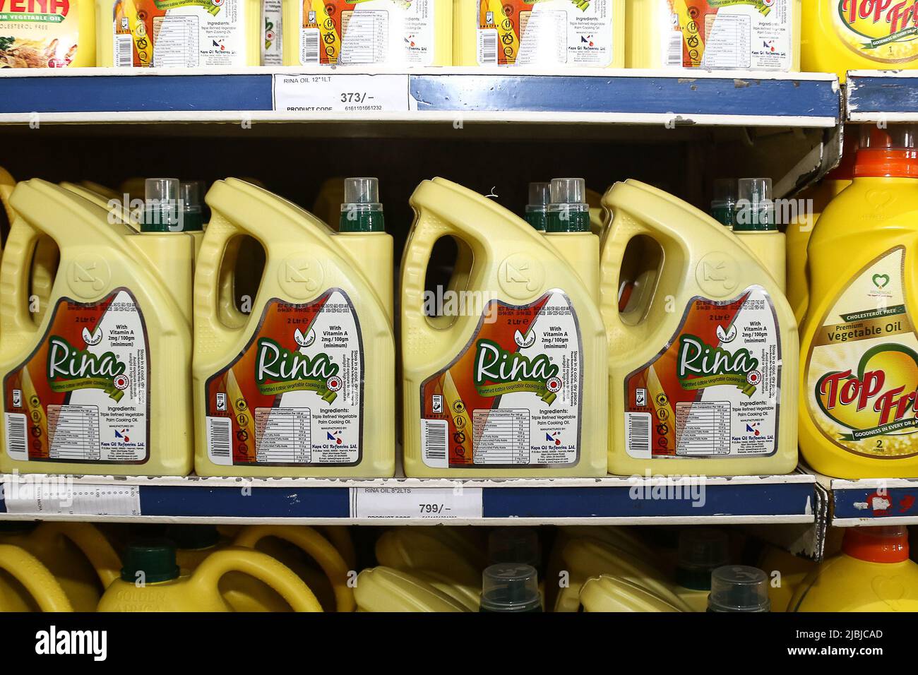 Nakuru, Kenya. 06th June, 2022. Plastic bottles of vegetable oil seen