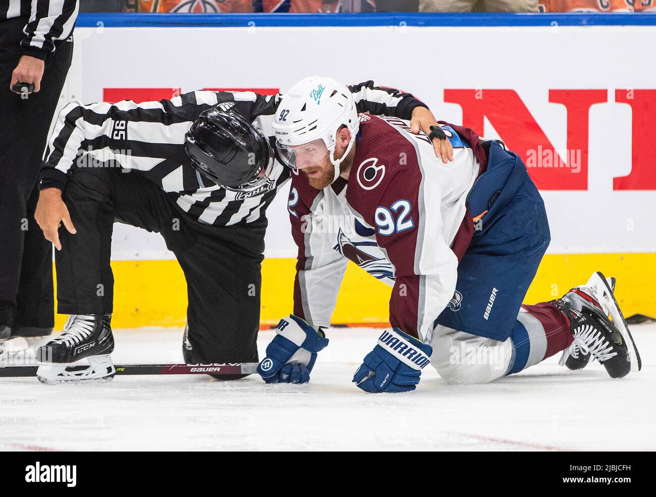 Colorado Avalanche S Gabriel Landeskog 92 Is Injured During Second Period Nhl Conference Finals Action Against The Edmonton Oilers In Edmonton On Monday June 6 22 The Canadian Press Jason Franson Stock Photo Alamy
