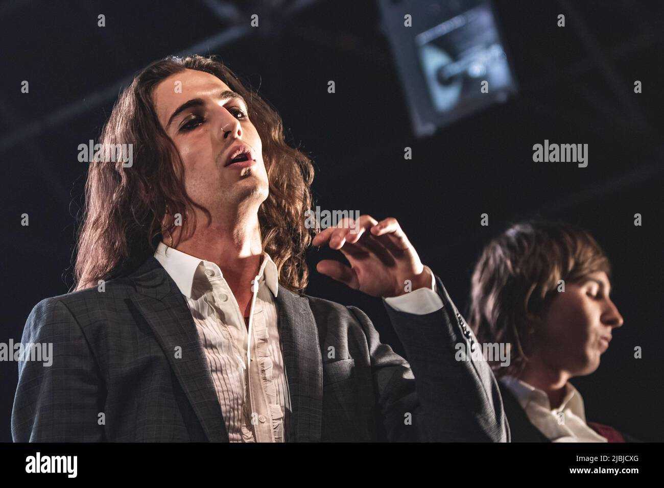 Damiano David and Thomas Raggi perform on stage with their band Maneskin at Atlantico in Rome. Stock Photo