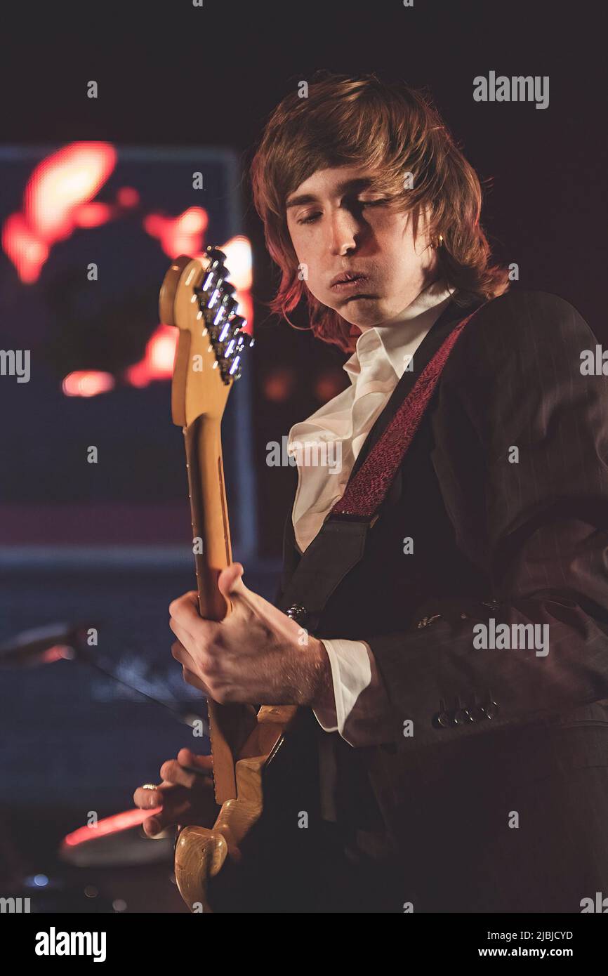 Thomas Raggi performs on stage with is band Maneskin at Atlantico in Rome. Stock Photo