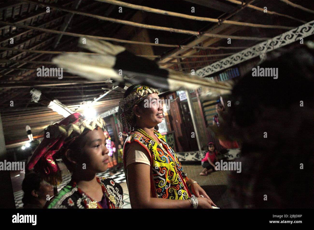 Portrait of young women in traditional attire during an ecotourism event at Bali Gundi longhouse of traditional Dayak Taman community in Sibau Hulu, Putussibau Utara, Kapuas Hulu, West Kalimantan, Indonesia. Stock Photo