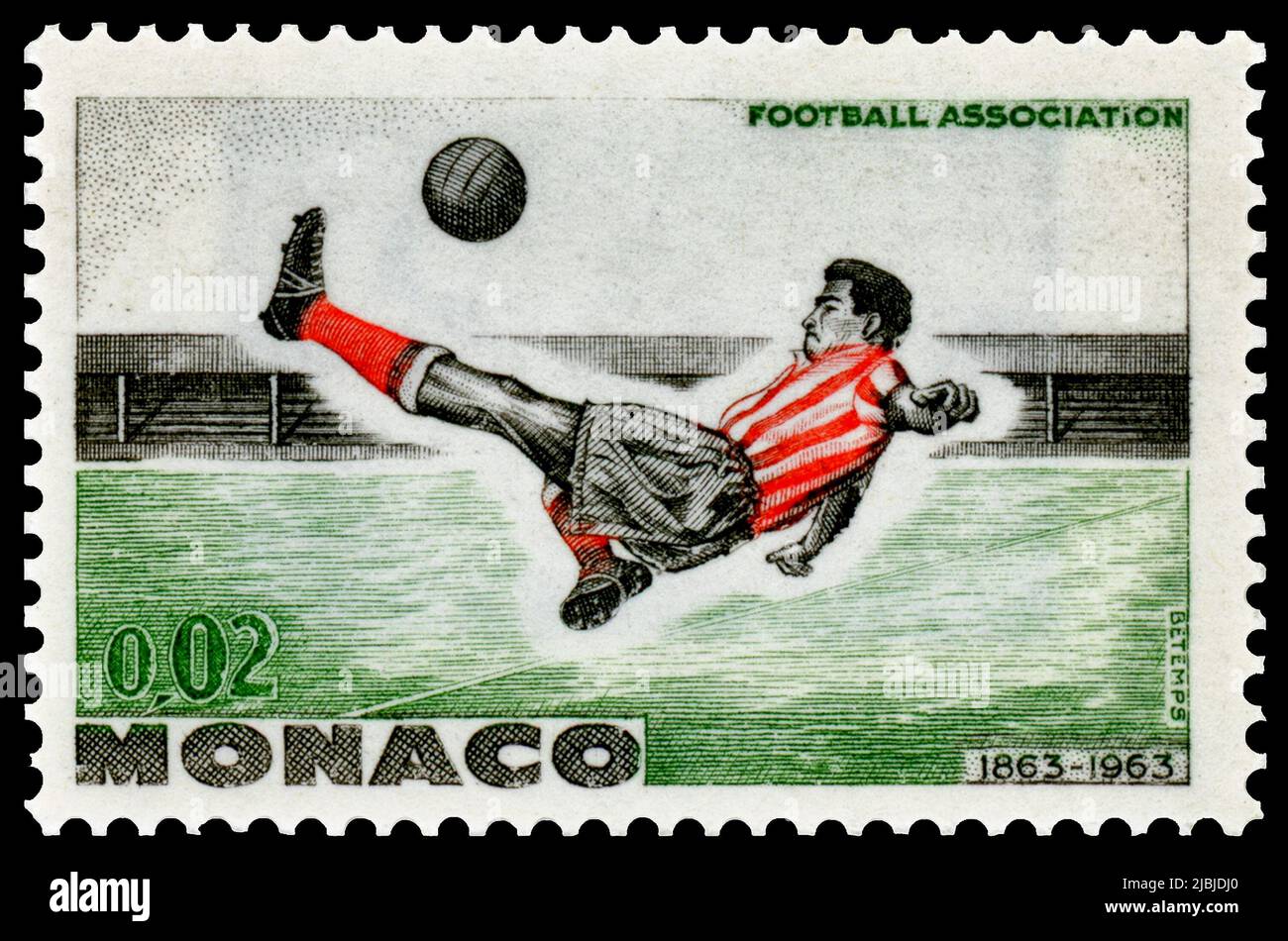 Soccer player on a 1963 Monaco postage stamp. Stock Photo