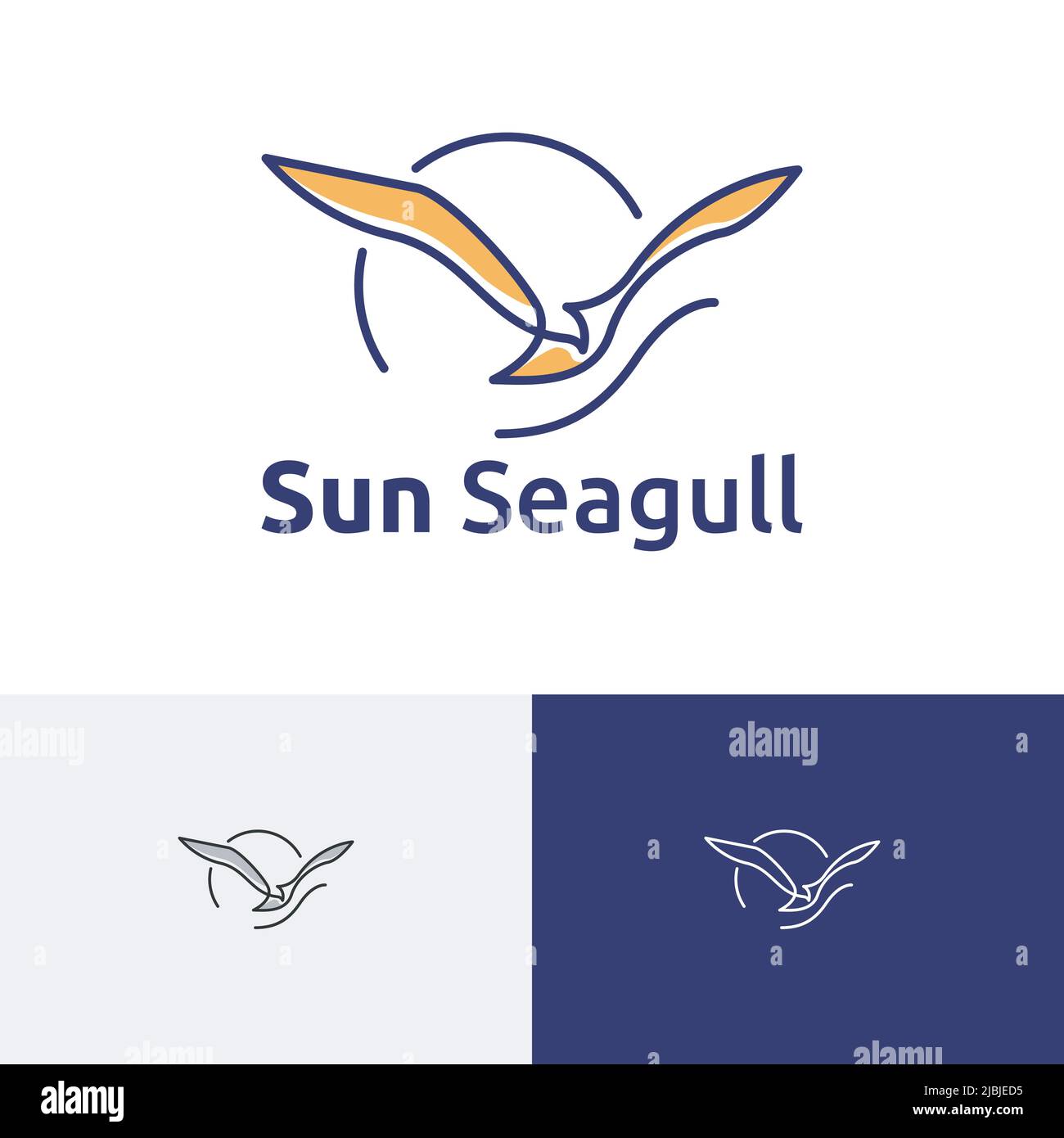 Sun Seagull Bird Flying Sea Beach Bay Nature line Logo Stock Vector