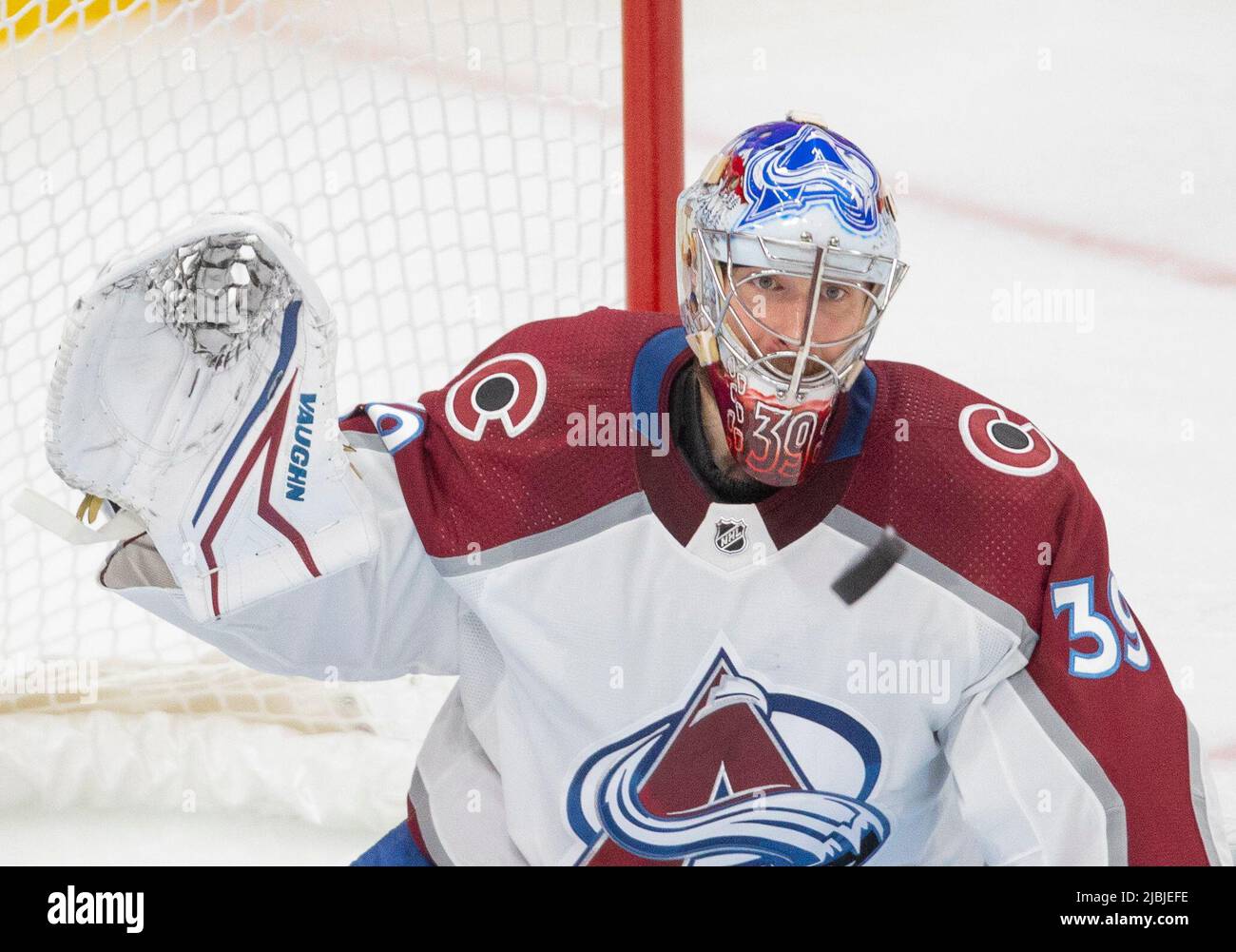 NHL profile photo on Colorado Avalanche goalie Pavel Francouz, from Czech  Republic, during a game against the Calgary Flames in Calgary, Alta. on  Tue., Nov. 19, 2019. (Larry MacDougal via AP Stock