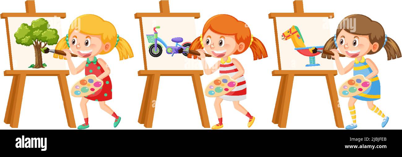 Girls painting on canvas cartoon illustration Stock Vector Image & Art