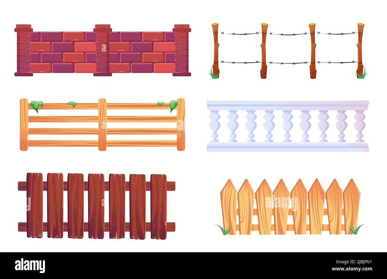 Wooden picket fence, barrier with barbwire, stone balustrade and brick wall. Vector cartoon set of different fences for garden, farm paddock, house terrace, backyard and ranch Stock Vector