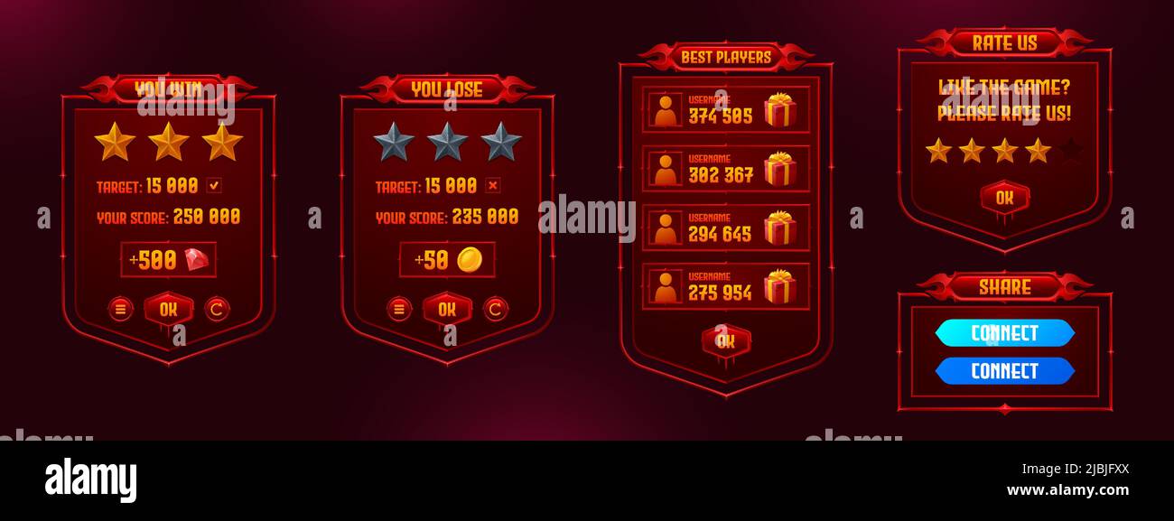 Game menu interface ui elements, settings and boards. You win and lose, best player, rate us frames. Gui user panel with buttons, red glowing design with user information and rewards, Vector graphics Stock Vector