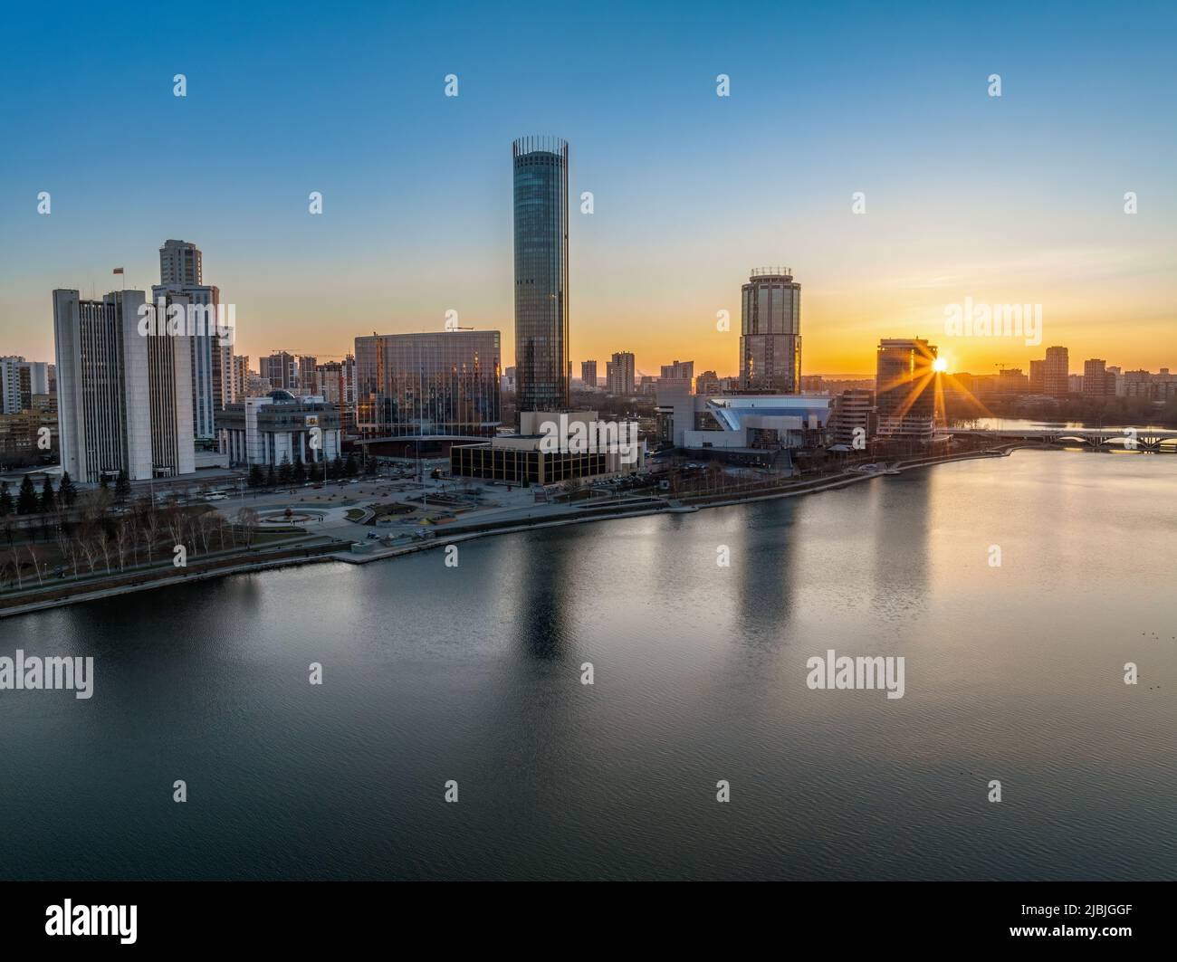 Yekaterinburg aerial panoramic view in spring at sunset. Yekaterinburg ...