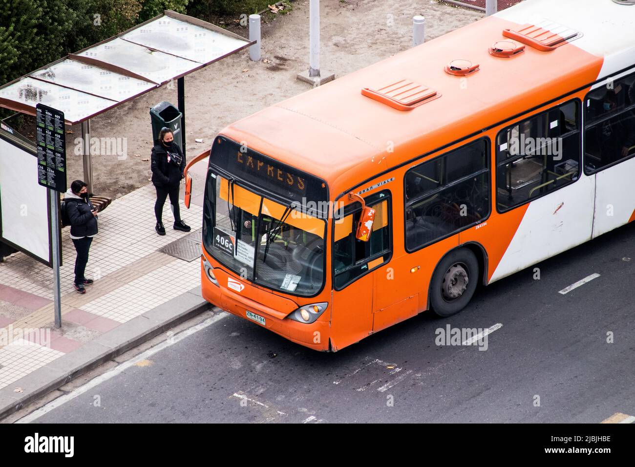 Transantiago transit bus in Las Condes, operated by Express in Santiago, Chile Stock Photo