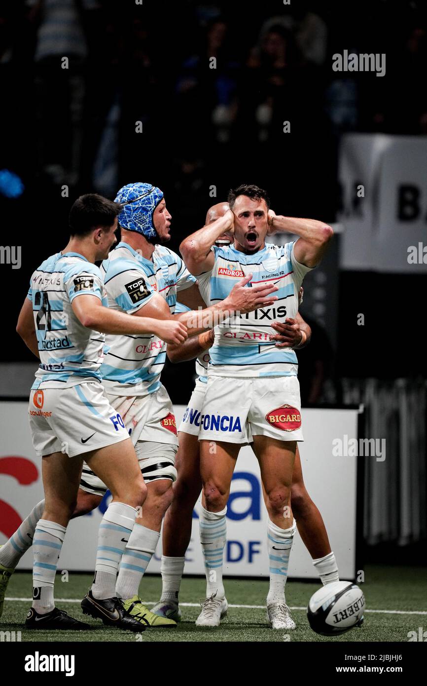 Juan Imhoff of Racing 92 celebrates after scoring his side's first try during the rugby TOP 14 match between Racing 92 (R92) and RC Toulon (RCT) at the Paris La Defense Arena, in La Defense, France on June 5, 2022. Photo by Julien Poupart/ABACAPRESS.COM Stock Photo