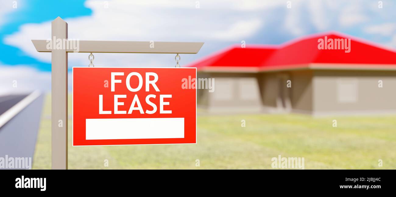 For lease sign, blur house background. Real estate business ...