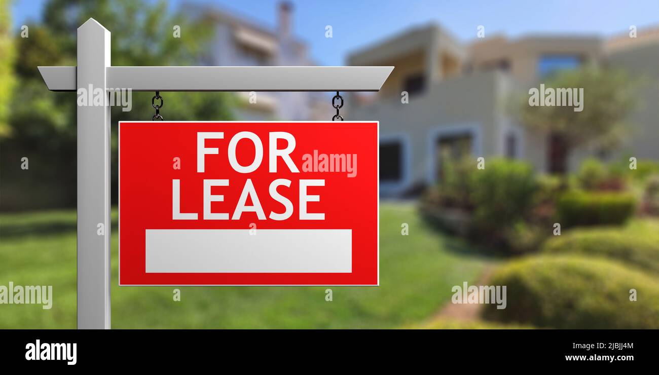 For lease sign, blur house background. Real estate business ...