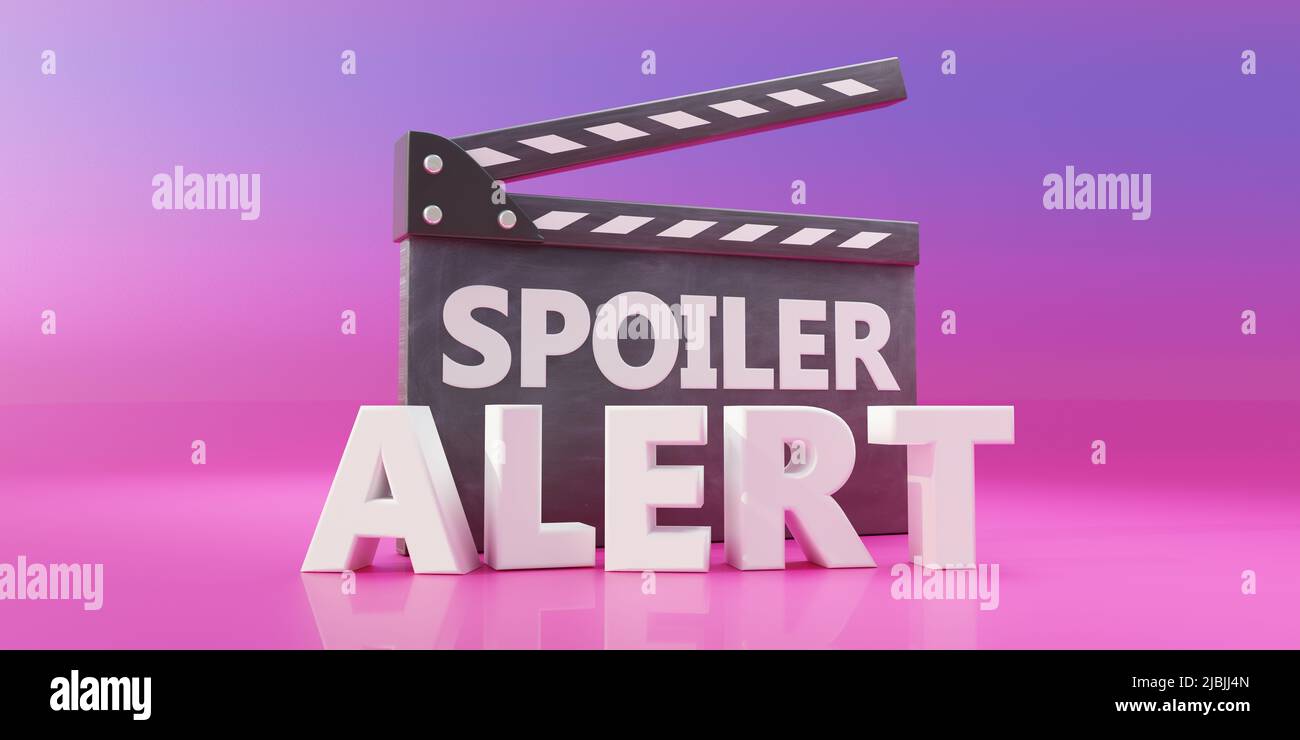 SPOILER ALERT text and cinema scene clapperboard. Black Movie clapper on pink purple background. Filmmaking, video production. 3d render Stock Photo