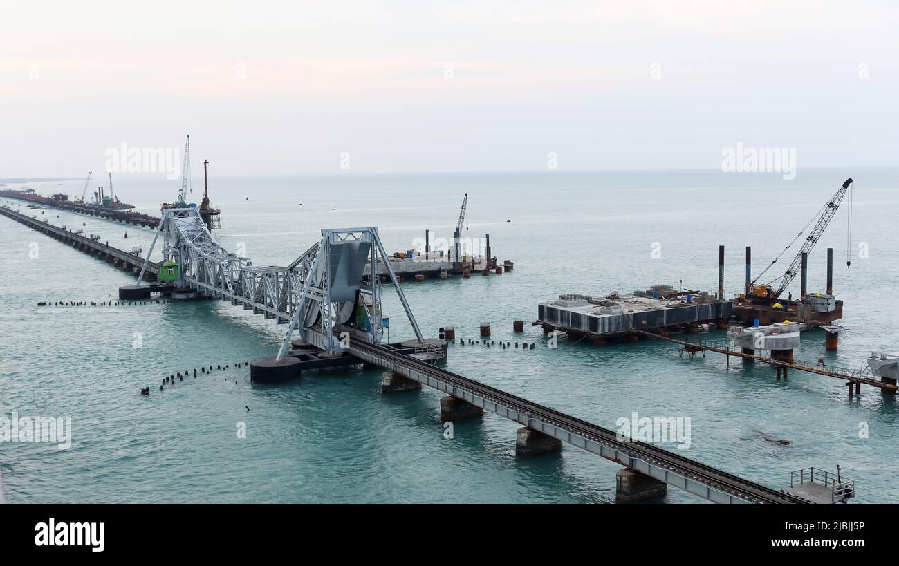Old Pamban Railway Bridge and new Railway Track under Construction