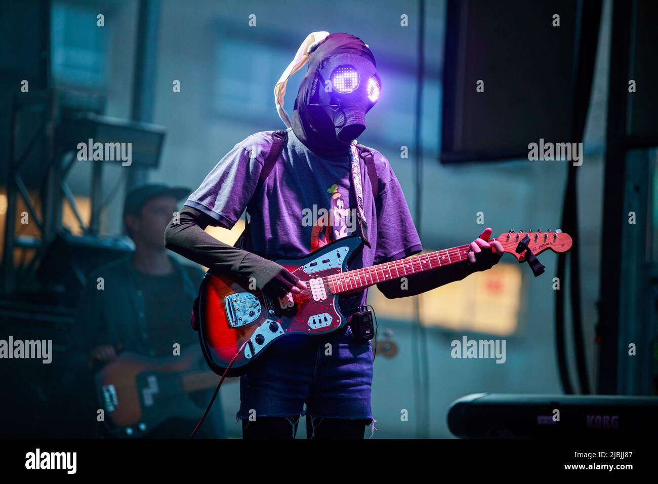 Bloomington, United States. 04th June, 2022. Will Toledo of Car Seat Headrest wears a mask while performing during the Granfalloon festival. Granfalloon is an annual festival of arts, music, and scholarship inspired by Hoosier author Kurt Vonnegut, according to the events webpage. The festival takes place in Bloomington, Indiana. Credit: SOPA Images Limited/Alamy Live News Stock Photo