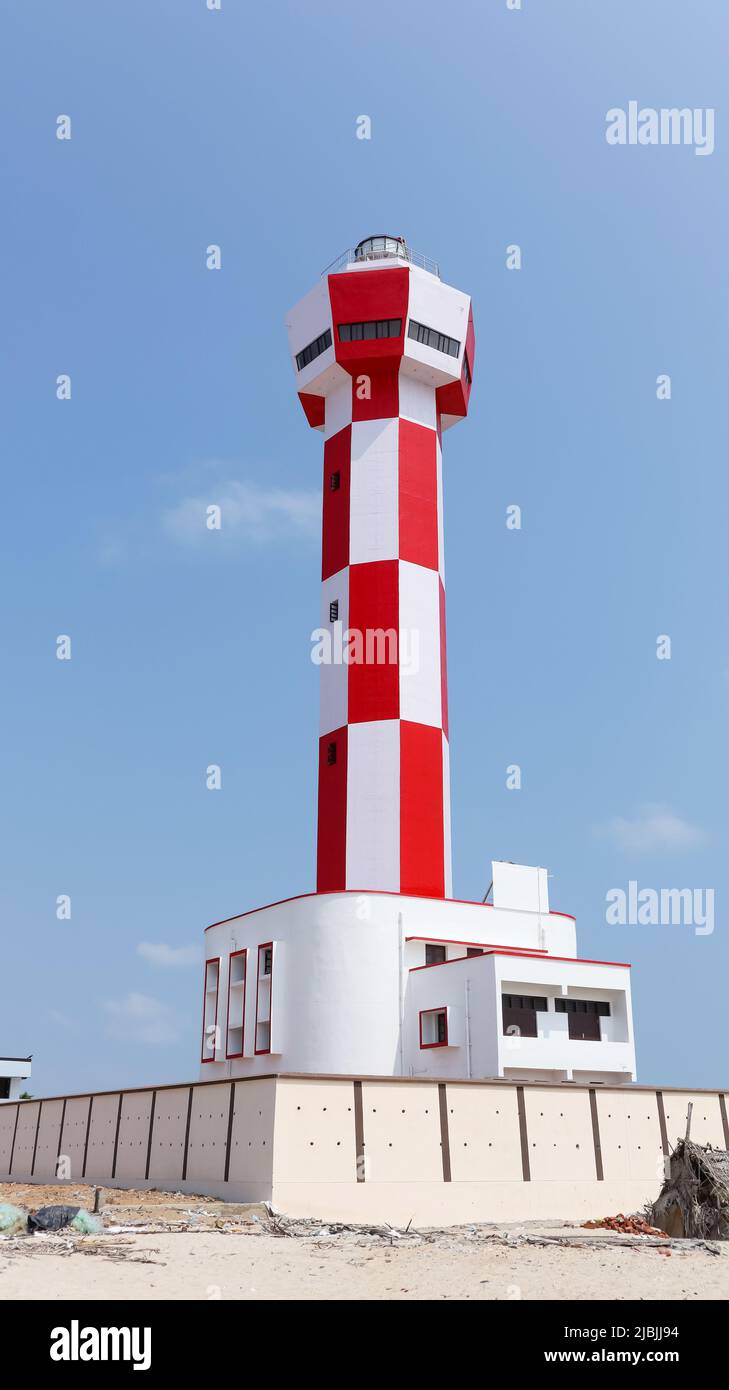 Newly built Dhanushkodi Lighthouse, Dhanushkodi Town, Rameswaram, Tamilnadu, India. Stock Photo