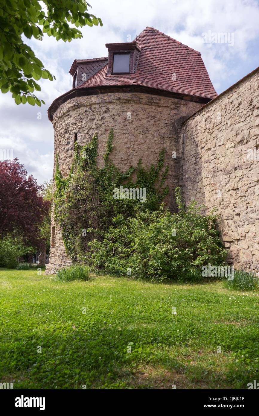 Medieval city wall with defense tower in Gera, Thuringia, Germany Stock Photo