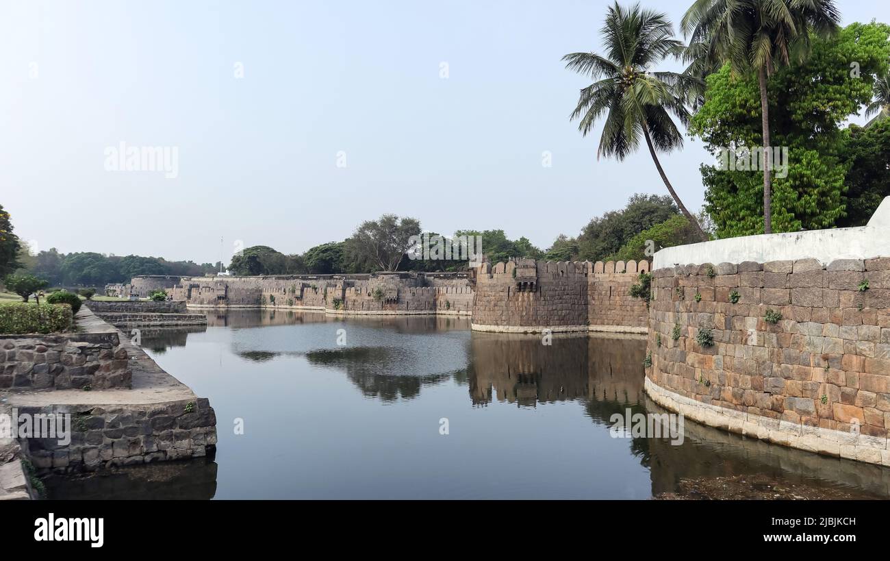 Vellore Fort walls  and moat.  Fort was built by Chinna Bommi Reddy and Thimma Reddy Nayak in 16th Century under the Vijayanagar Empire, Vellore, Tami Stock Photo