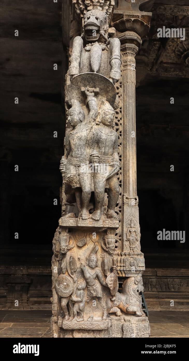 War Scene Sculptured Pillar of Vellore Fort Temple, Vellore, Tamilnadu, India. Stock Photo