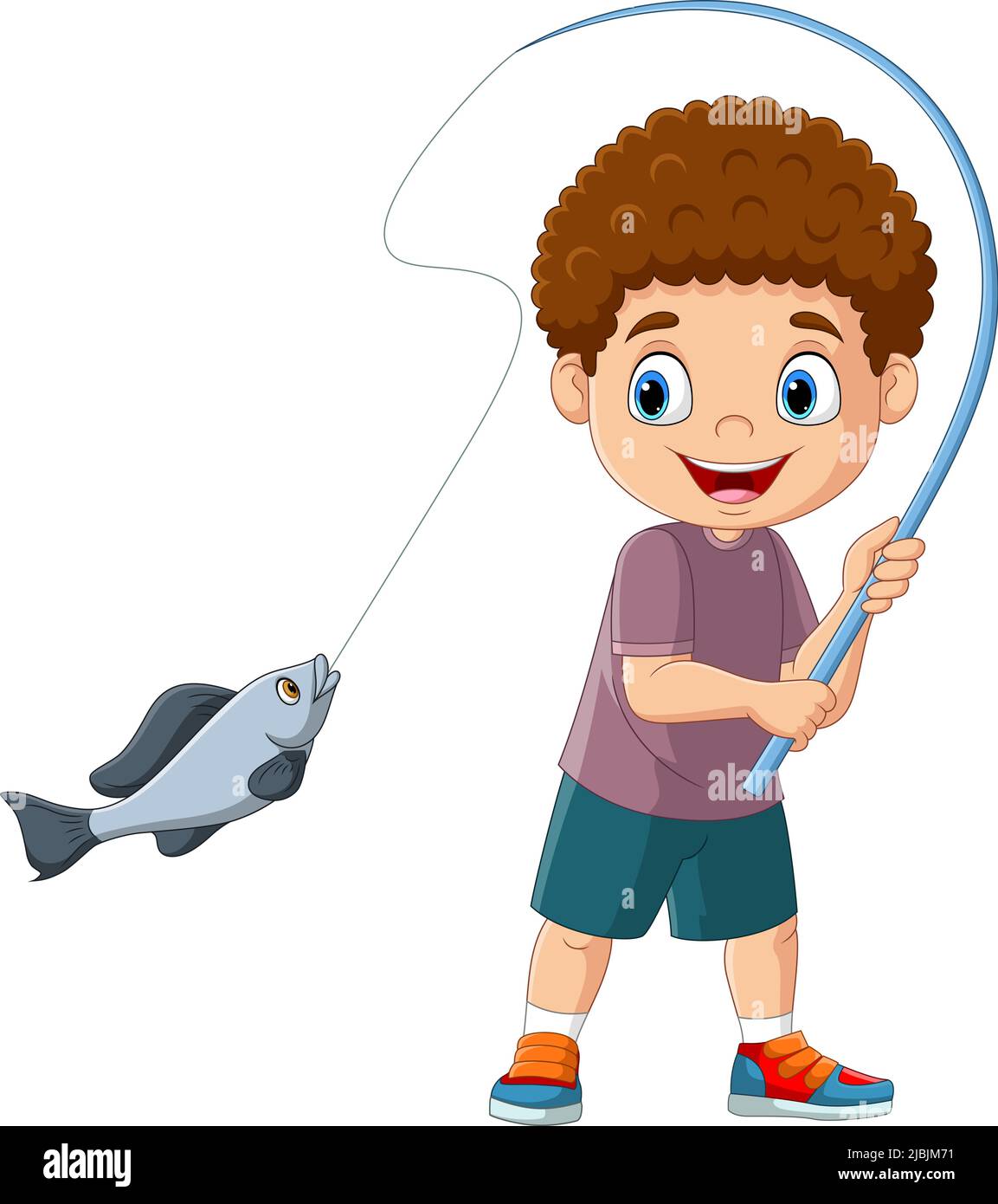 Cute little boy smiling as he learns to fish in a pond at an outdoor park.  Young black boy holding a fishing pole as he attempts to catch a fish Stock  Photo