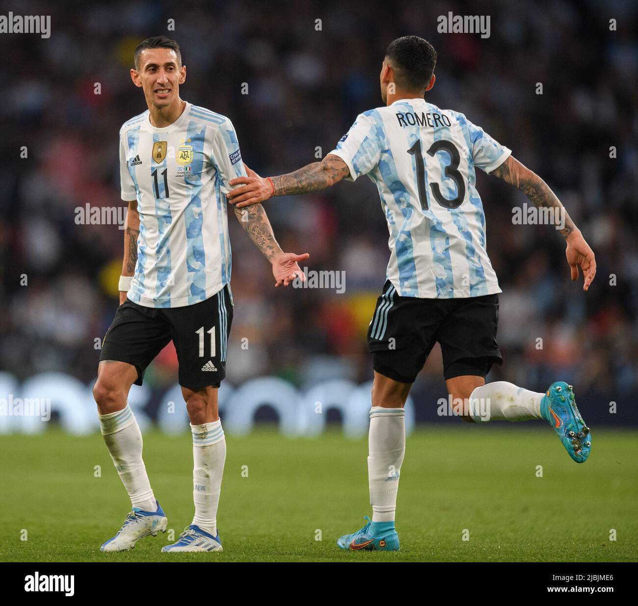01 Jun 2022 - Italy v Argentina - Finalissima 2022 - Wembley Stadium  Argentina's Angel Di Maria and Cristian Romero during the match against Italy at Stock Photo
