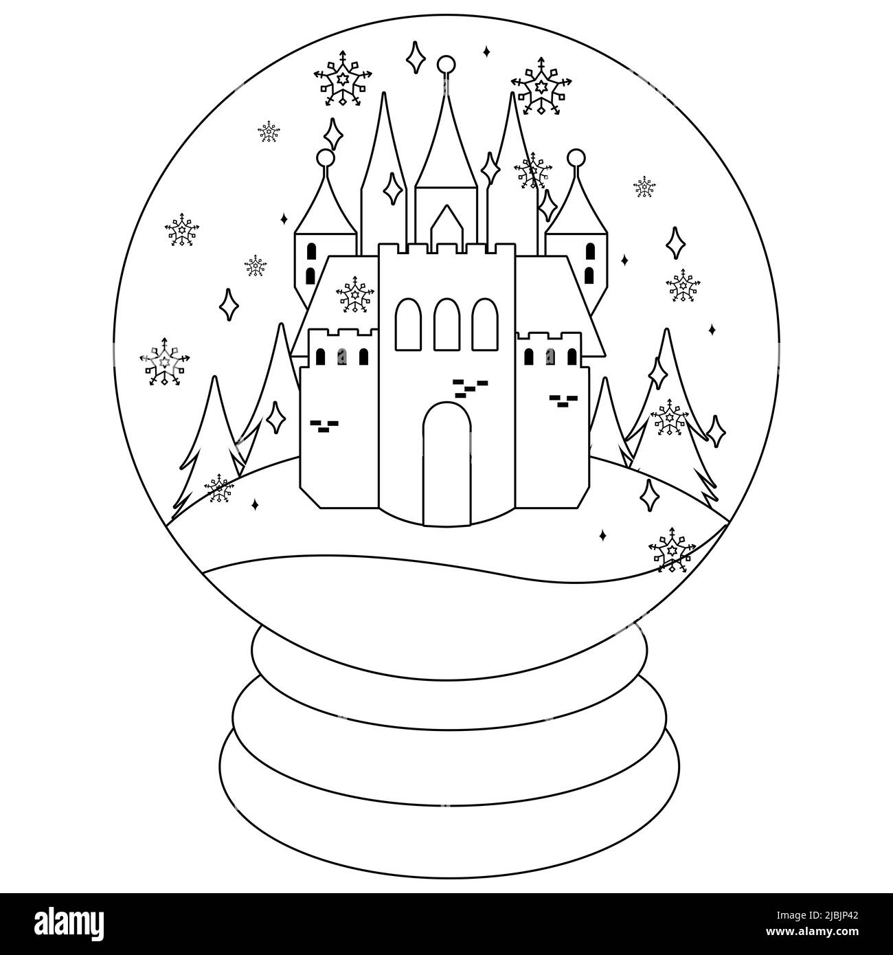 A beautiful castle inside a snow globe. Black and white coloring page Stock Photo