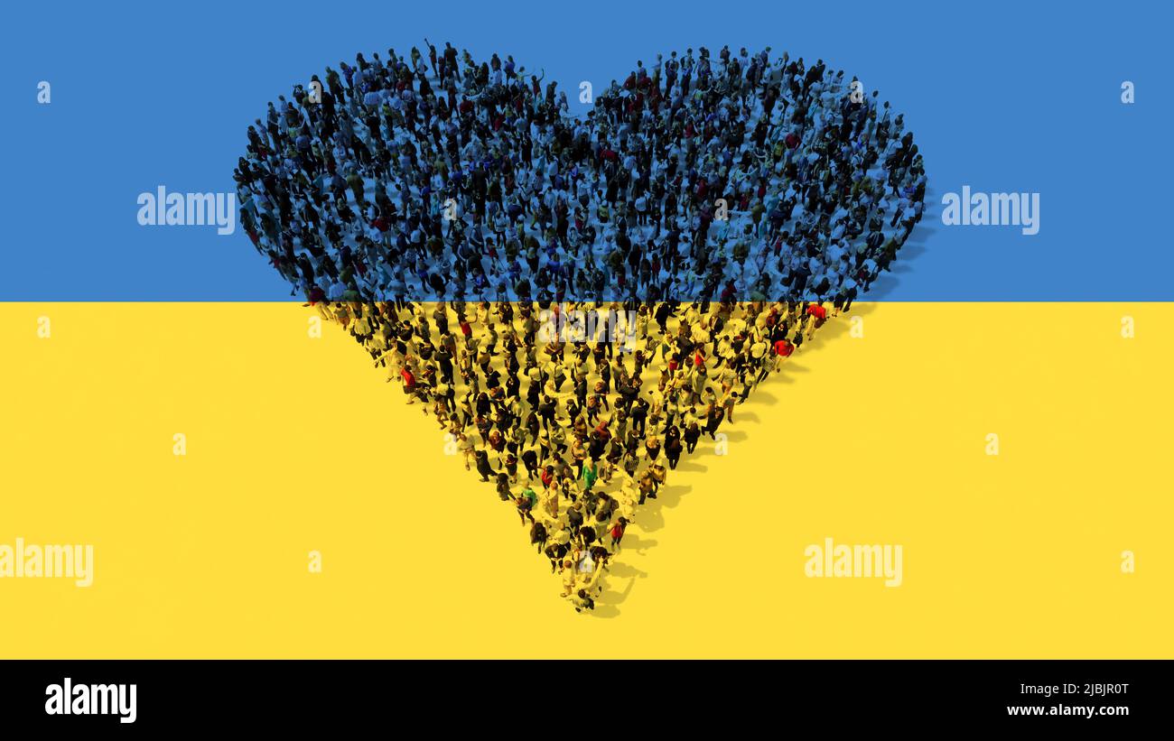 Concept or conceptual community of people forming the image of a heart  on Ukrainian flag. A 3d illustration metaphor for medical care,  support, help Stock Photo