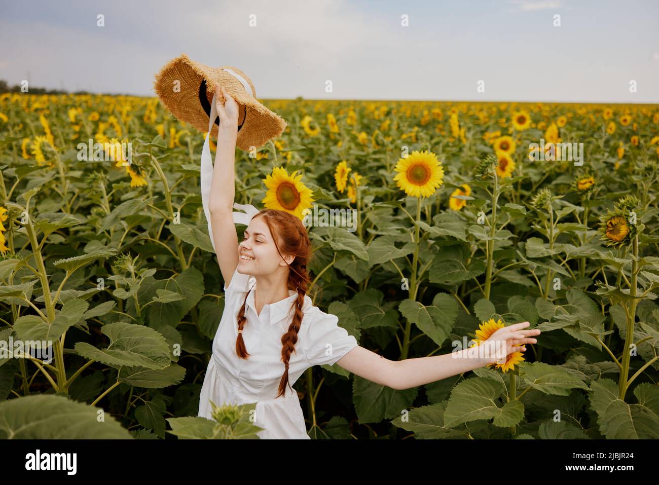 woman with two pigtails in a straw hat in a white dress a field of ...
