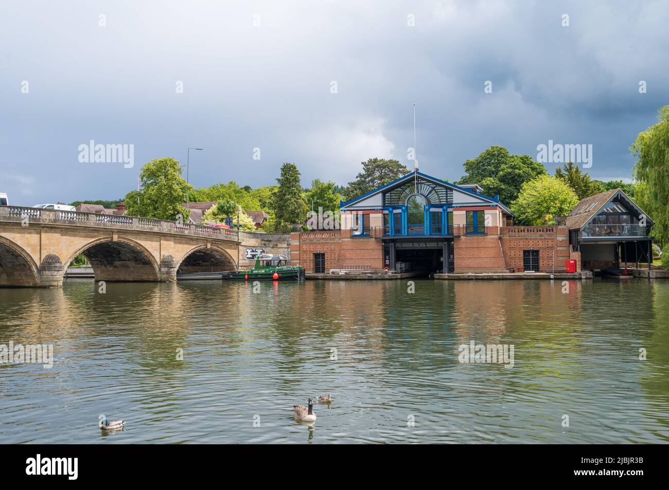 Henley Royal Regatta headquarters building next to Henley Bridge, as seen from Thameside. Henley on Thames, Oxfordshire, England, UK. Stock Photo