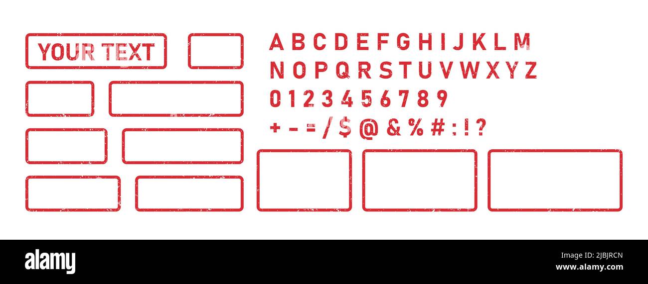 Rubber grunge stamps and letters. Vintage rubber rectangular stamp designer. Red frames and font, alphabet, numbers. Grunge vintage square seal label Stock Vector
