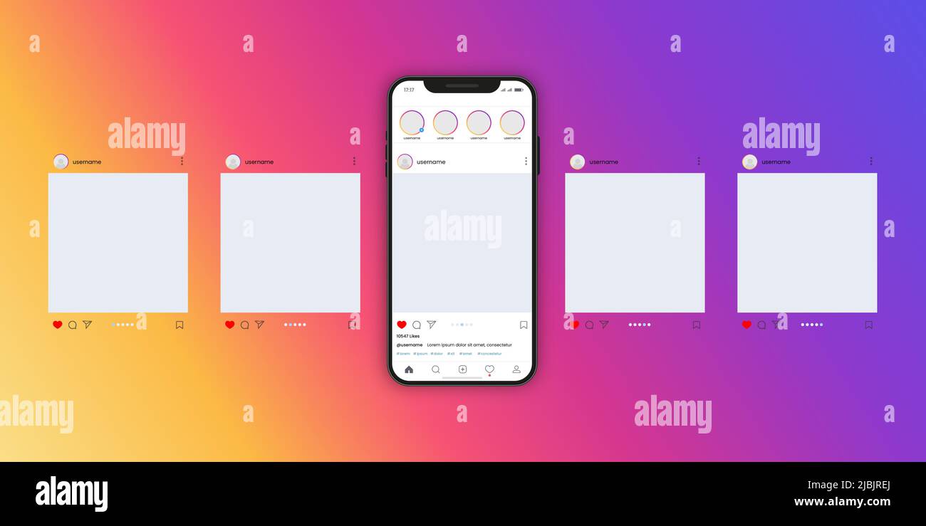 Instagram carousel post interface, vector mockup template, Stock Vector