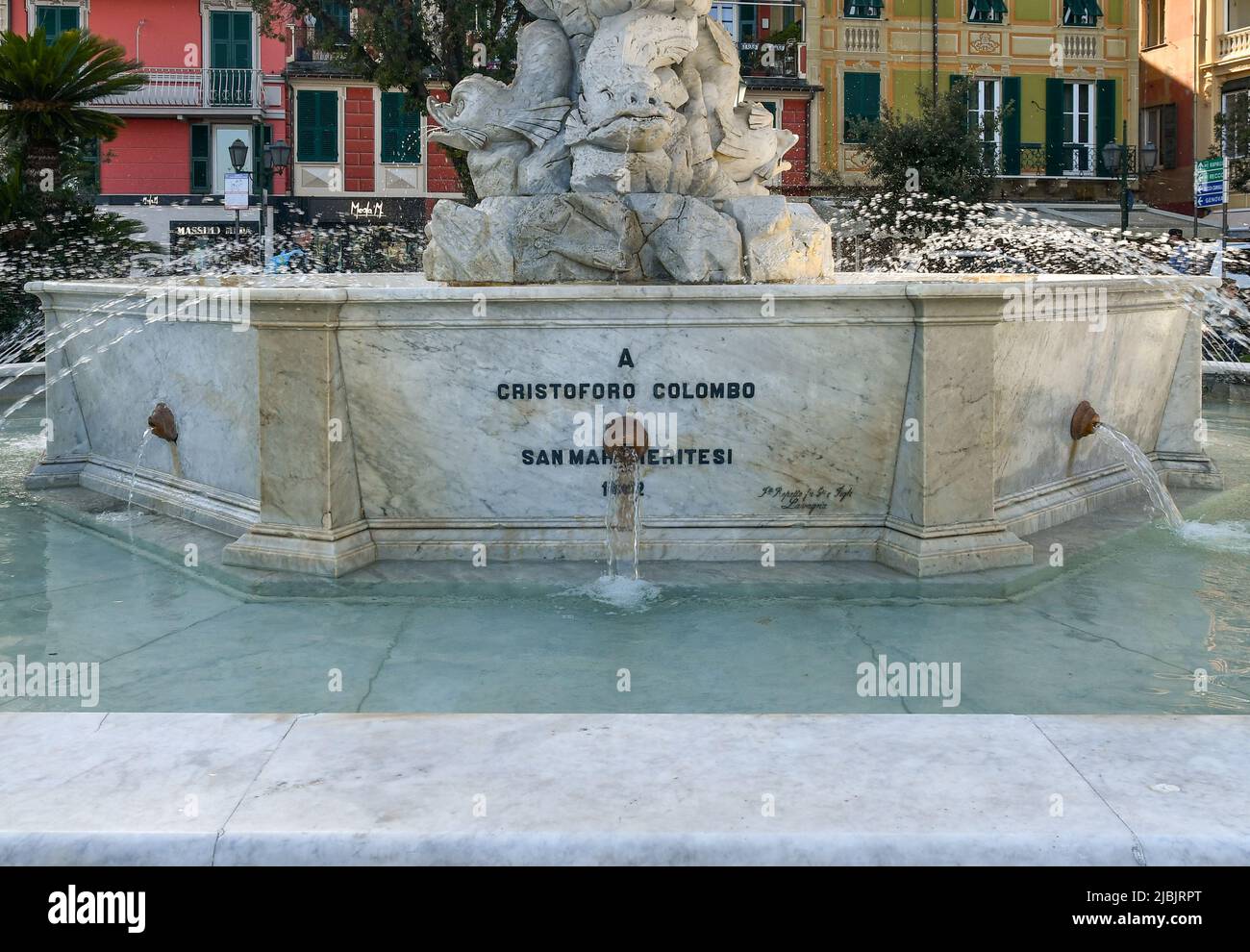 Detail of the monument with fountain of the explorer Christopher Columbus (1451-1506), by Odoardo Tabacchi, Santa Margherita Ligure, Genoa, Italy Stock Photo
