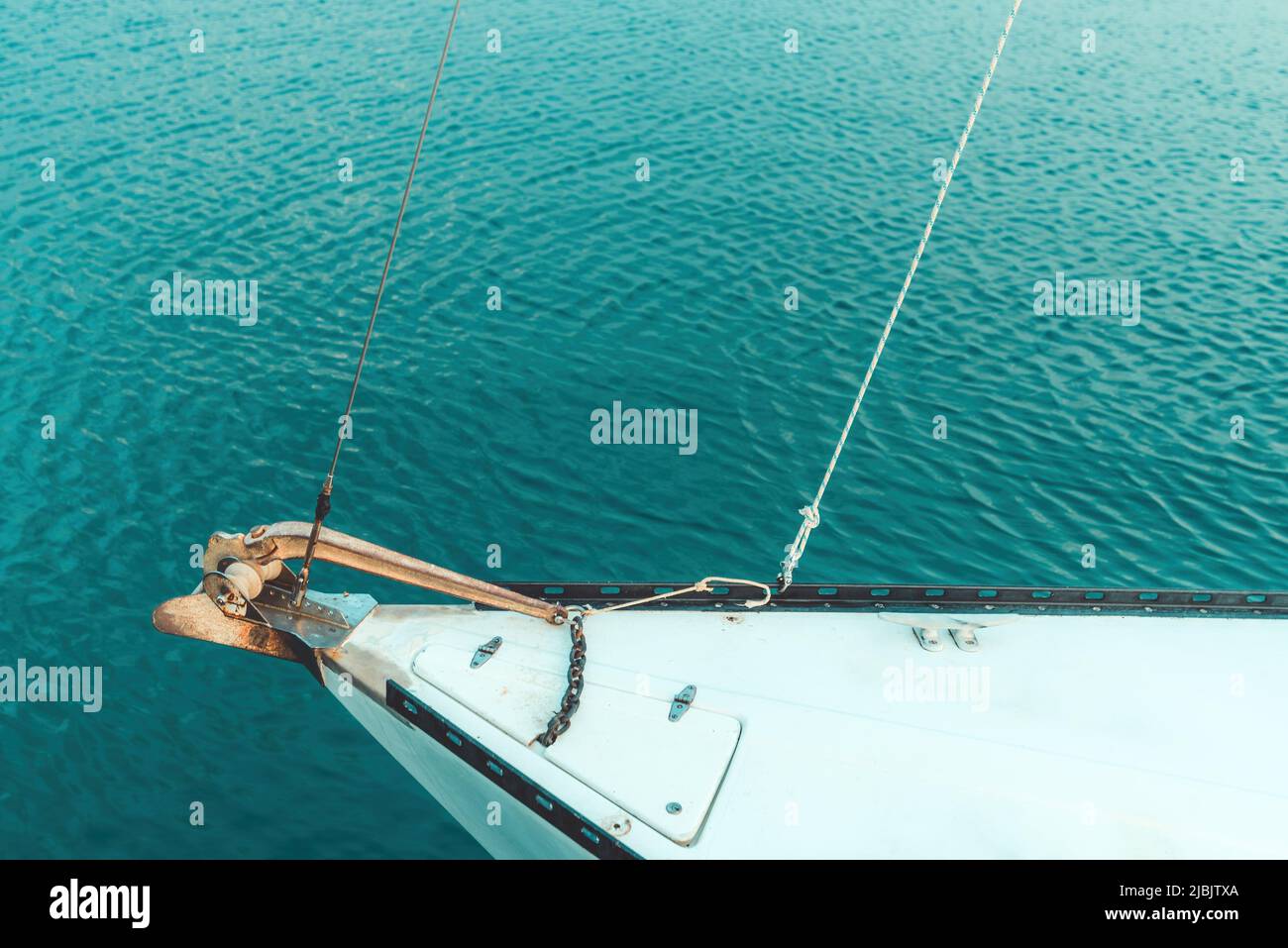 Fishing boat bow in seaside marina, nautical vessel moored to a dock Stock Photo