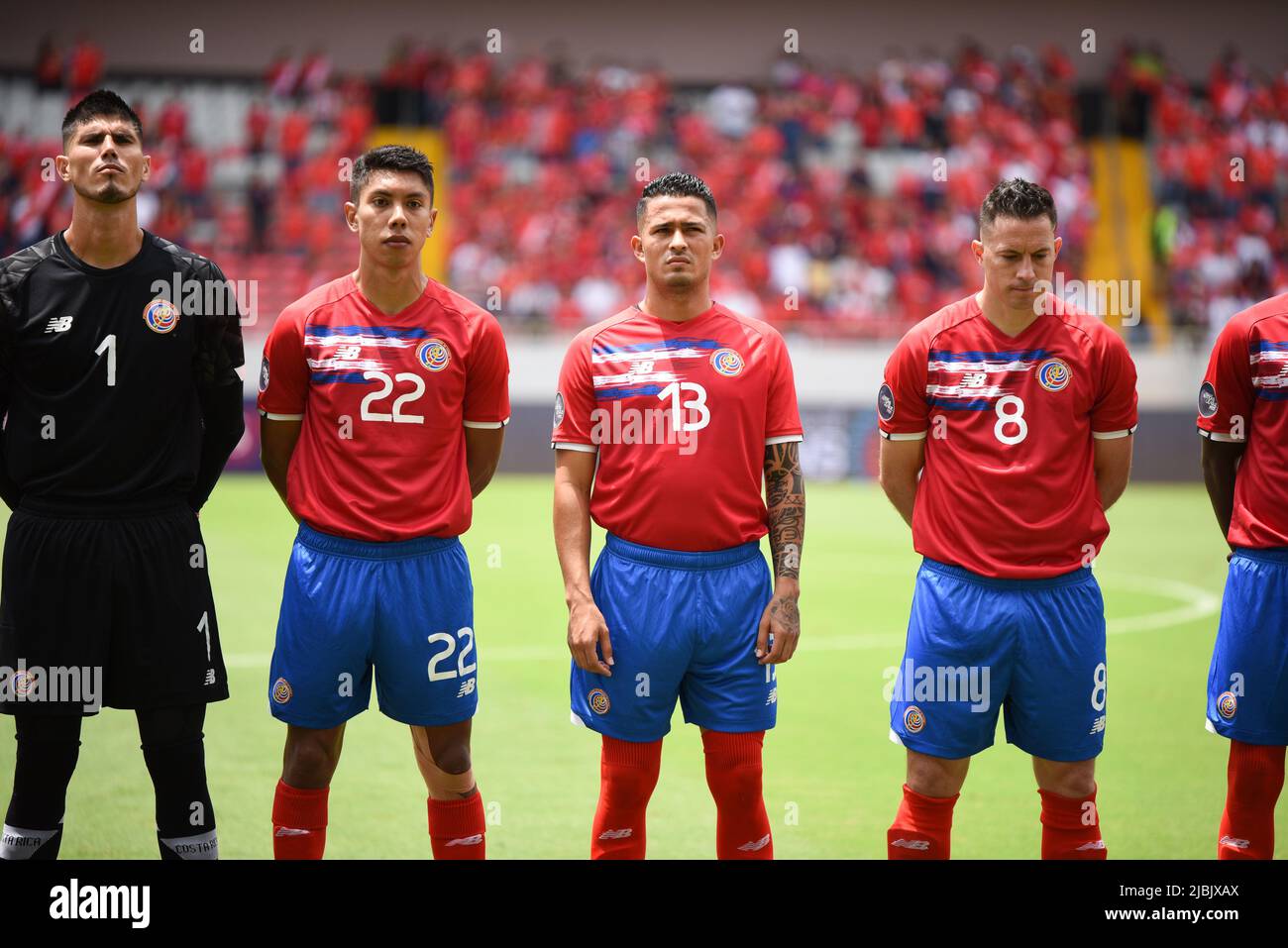 SAN JOSE, Costa Rica: Costa rican players previous to the 2-0 Costa Rica victory over Martinique on June 5th, 2022. A first-half goal from Joel Campbe Stock Photo