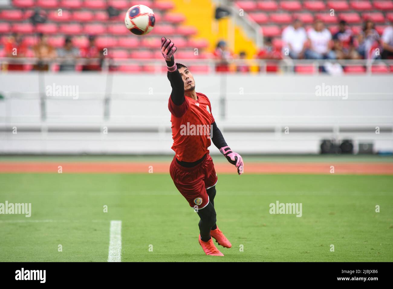 SAN JOSE, Costa Rica: Costa rican goalkeeper Aaron Cruz warms up previous to the 2-0 Costa Rica victory over Martinique on June 5th, 2022. A first-hal Stock Photo