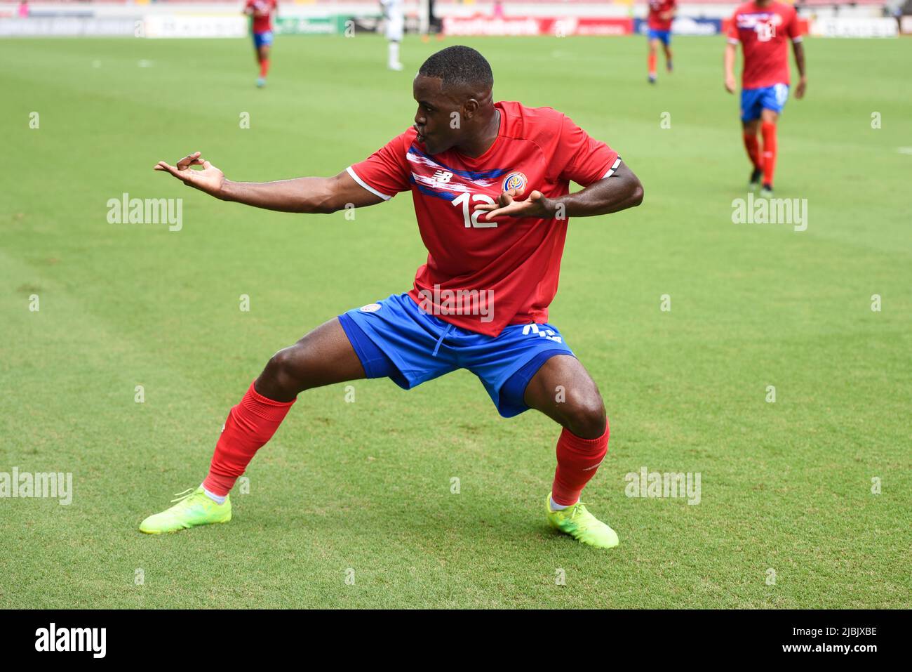 SAN JOSE, Costa Rica: Costa rican striker Joel Campbell celebrates after scoring the first goal during to the 2-0 Costa Rica victory over Martinique o Stock Photo