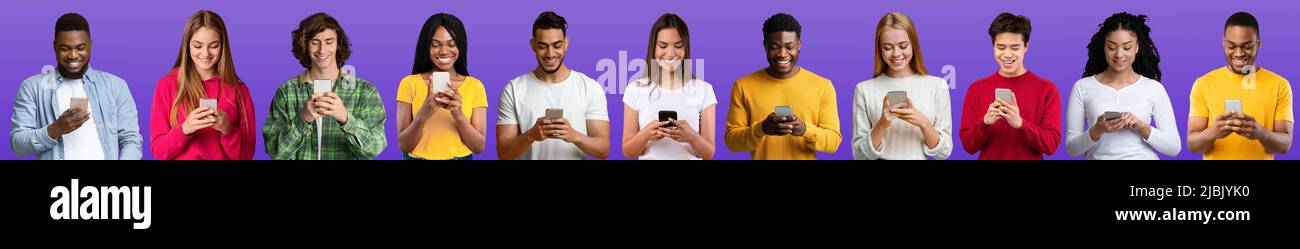 Portraits Of Happy Multicultural Men And Woman Messaging On Smartphones ...