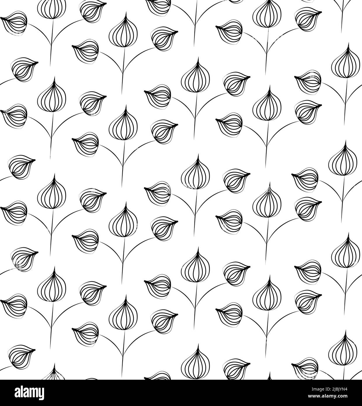 Floral vector seamless pattern with hand drawn black flowers on colorful leaves - Moire outline illustration Stock Vector